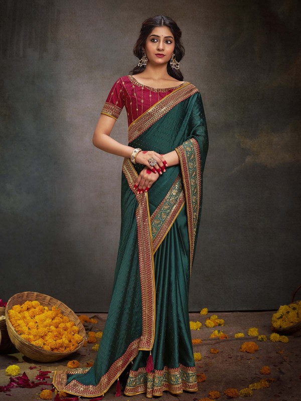 Peacock Green BSY Satin Embroidered Saree